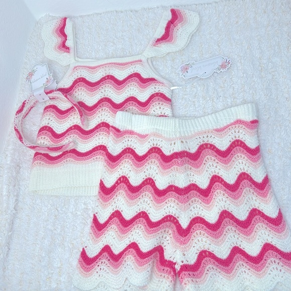 Girls Ruffled Tank Top & Crochet Shorts Pink and White Zigzag Set size 6 - Picture 2 of 7